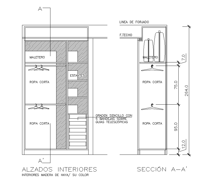 An interior section view of the wardrobe is given in this AutoCAD drawing model.Download now.