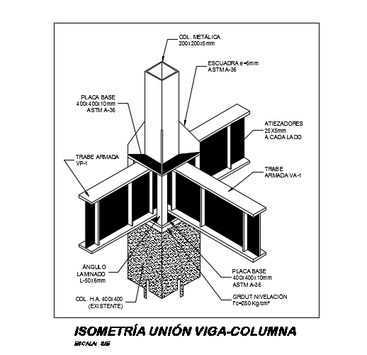 An isometric view of the 14x40m house building column cum beam connection