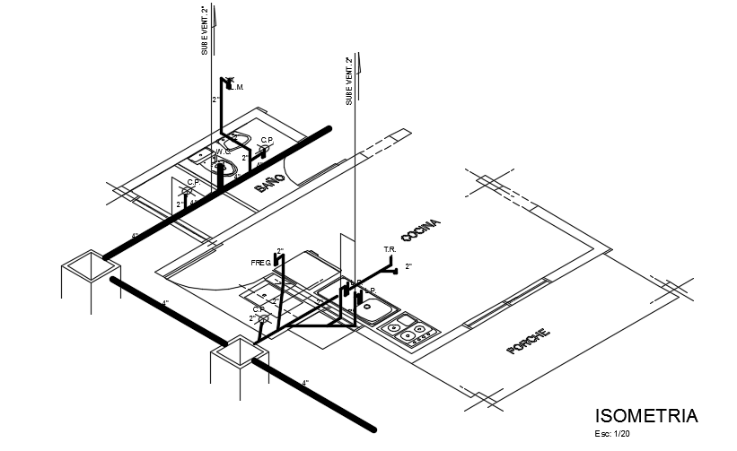 An isometric view of the plumbing layout AutoCAD model