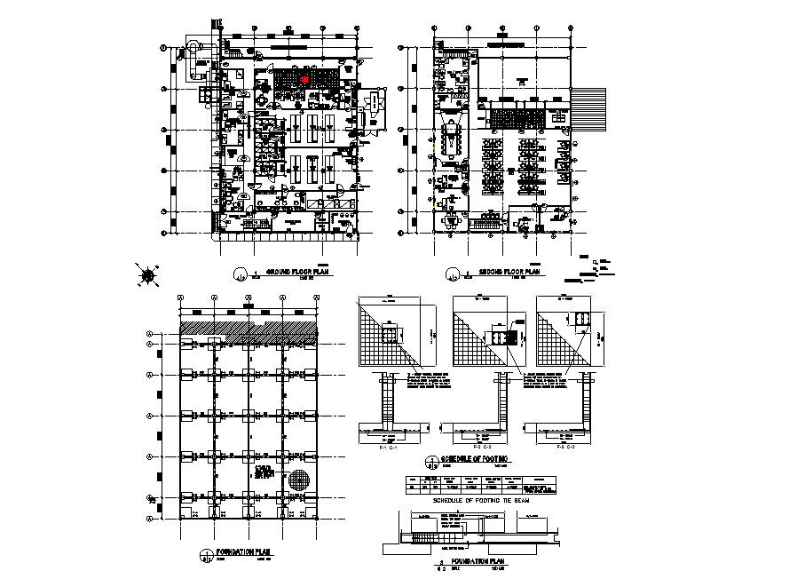 Annex admin and lab building ground, first floor, foundation plan and construction details dwg file