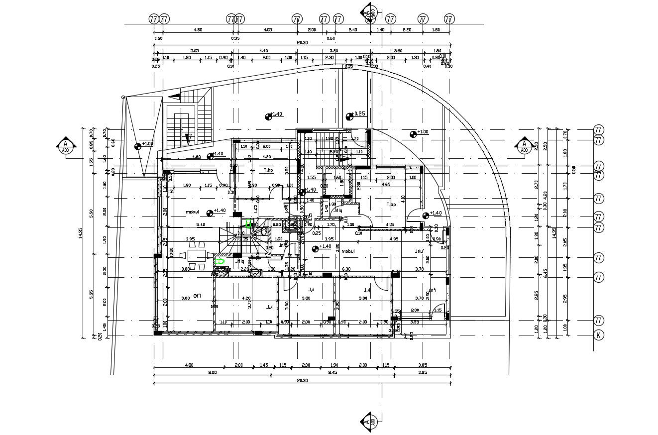 Apartment Building Floor Plan With Column Marking CAD Drawing