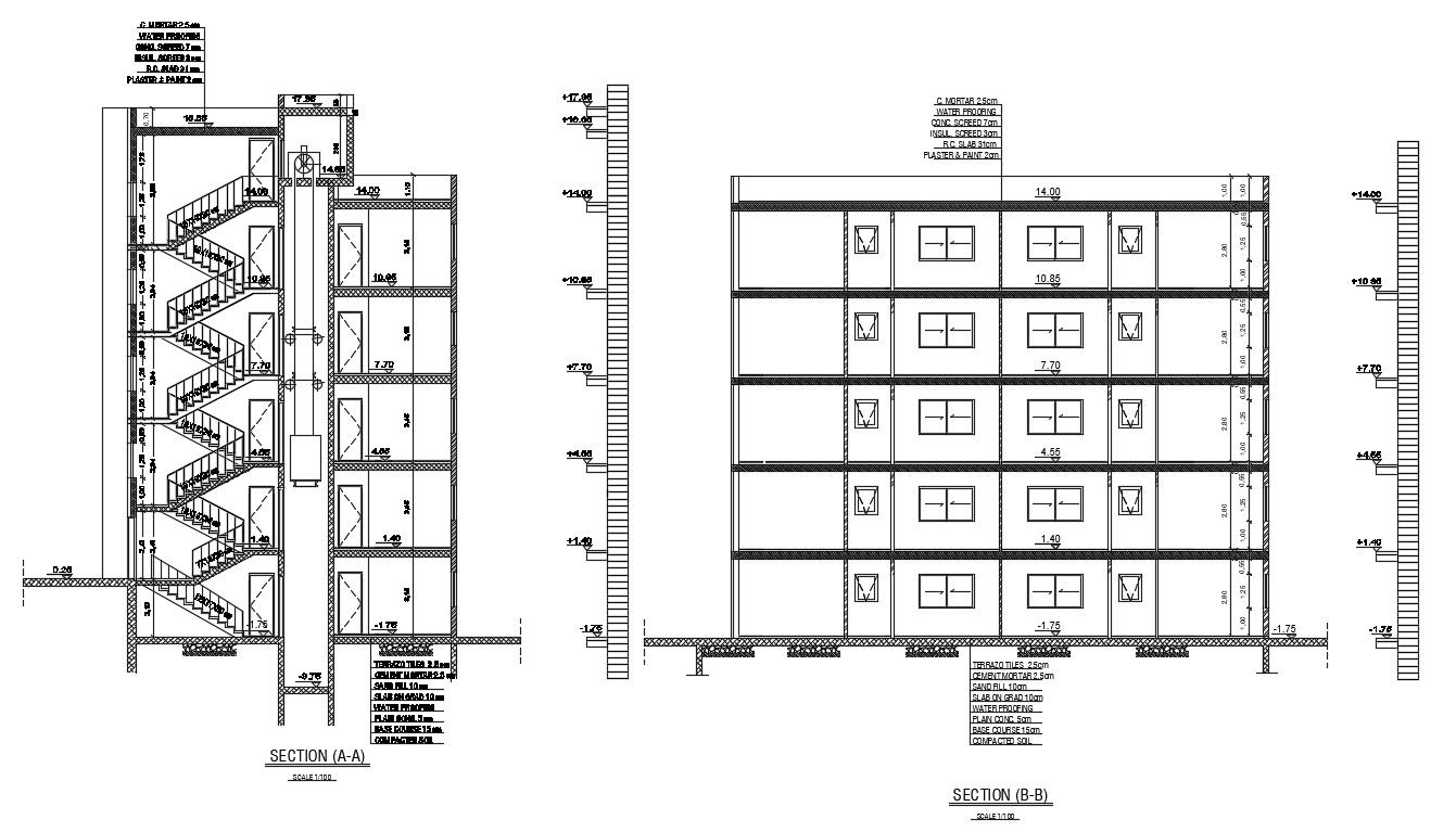 Apartment Building Section Drawing With Lift Elevator Design