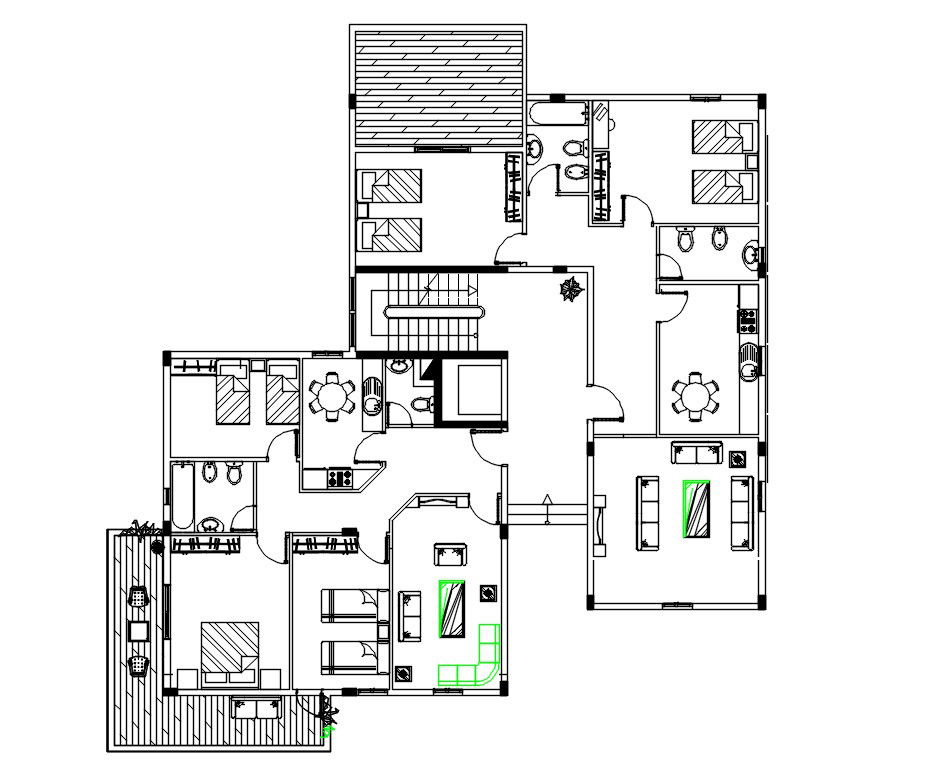 Apartment Cluster Plan With 2 Unit House Furniture Layout AutoCAD Drawing