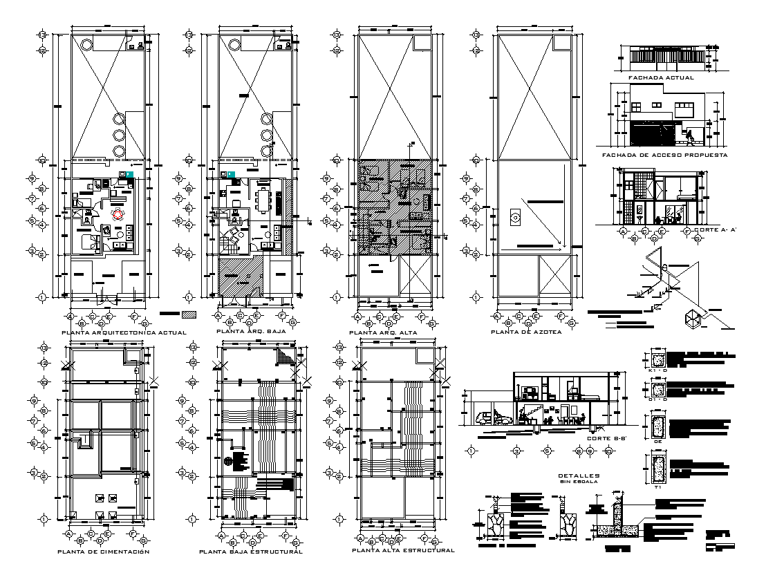 Apartment building detail elevation, plan and section layout autocad file