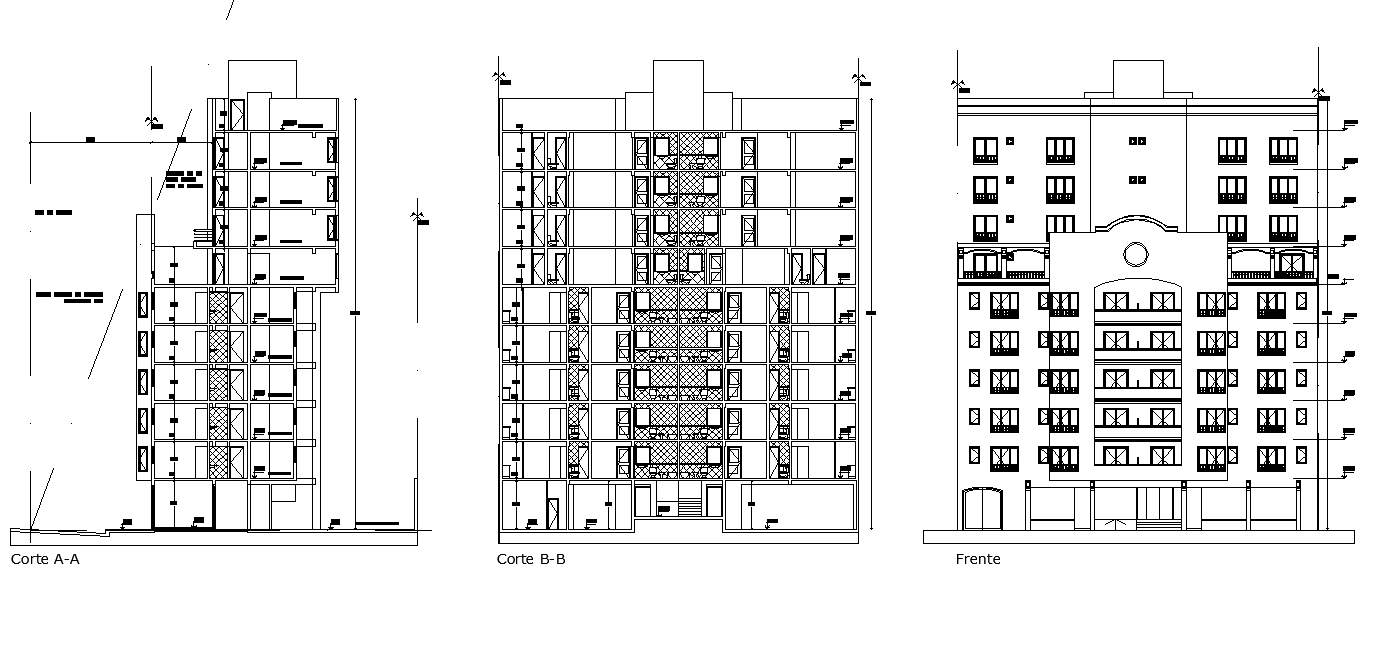 Apartment building elevation and section 2d view layout file