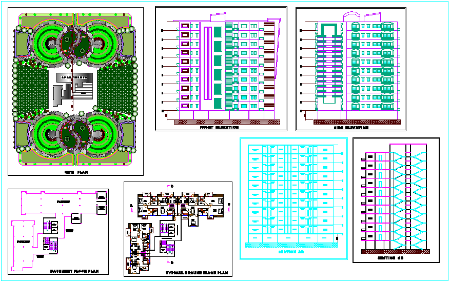 Apartment design plan view, site plan,elevation, section view dwg file