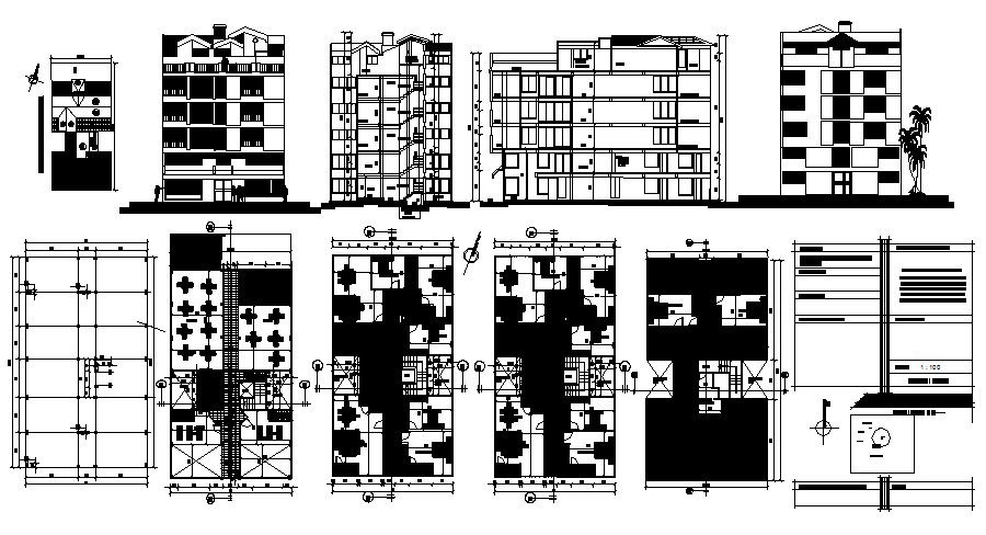 Apartment plan 13mtr x 22.5mtr with elevation and section in dwg file