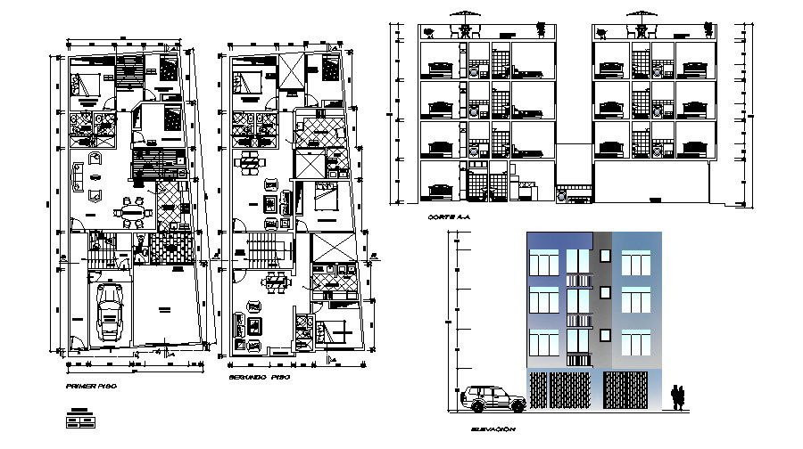Apartment plan with Elevation and section in AutoCAD