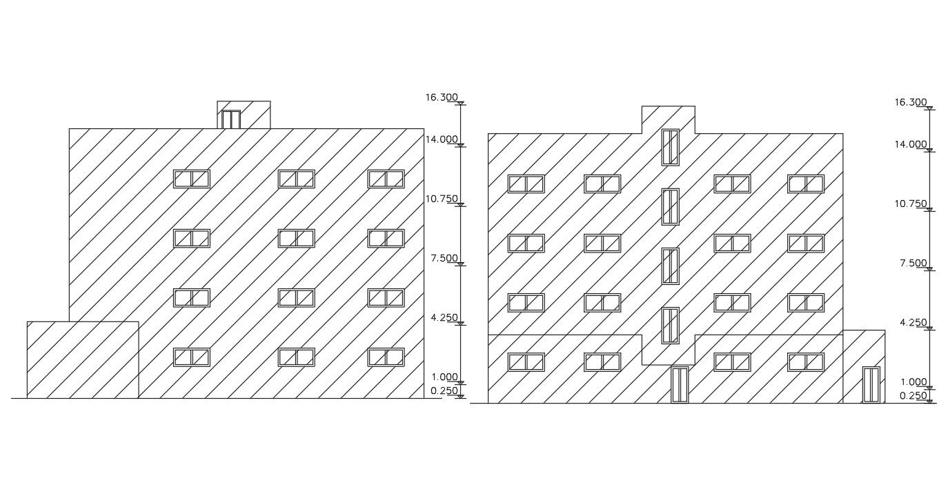 Apartment Building Front And Rear Elevation Design DWG File