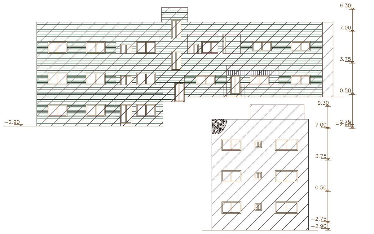 Apartment Building Front And Side Elevation Design DWG File