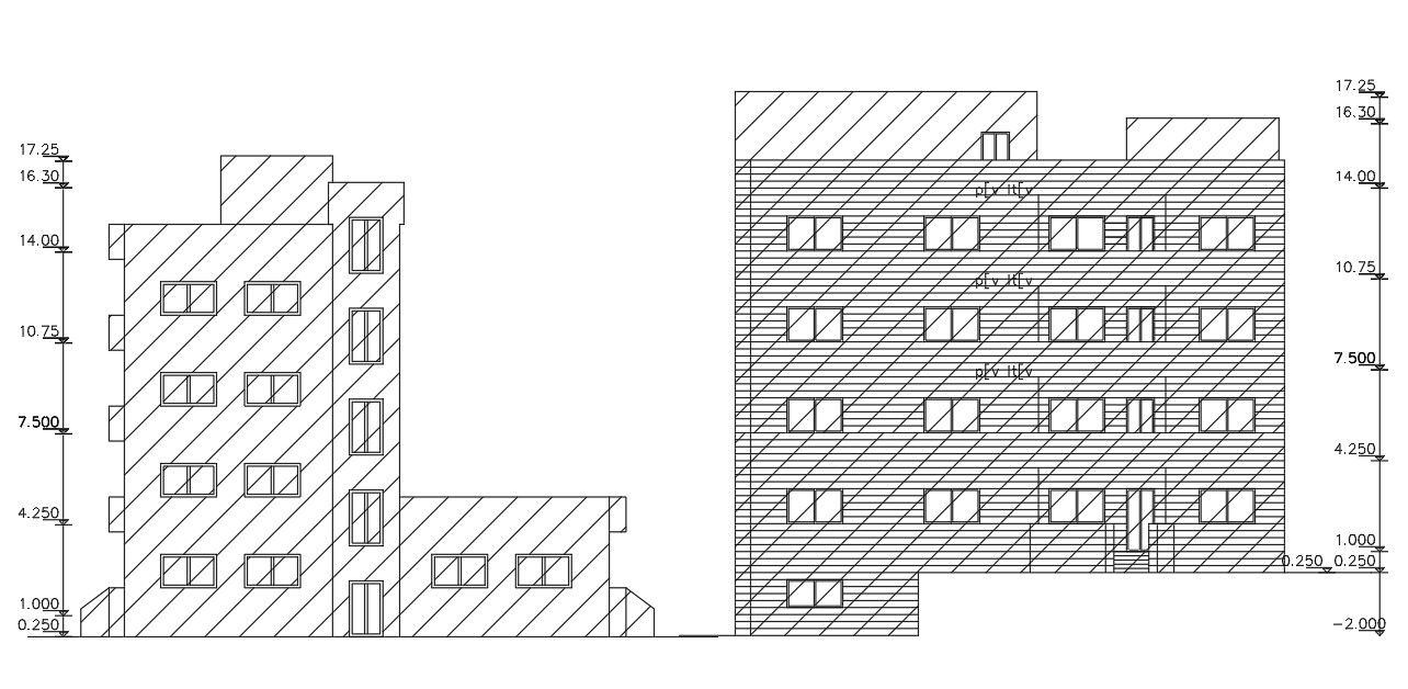 Apartment building front and side elevation DWG design file
