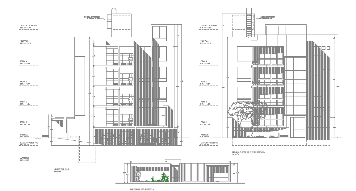 Apartment Sectional Elevation Design With Compound Wall DWG File