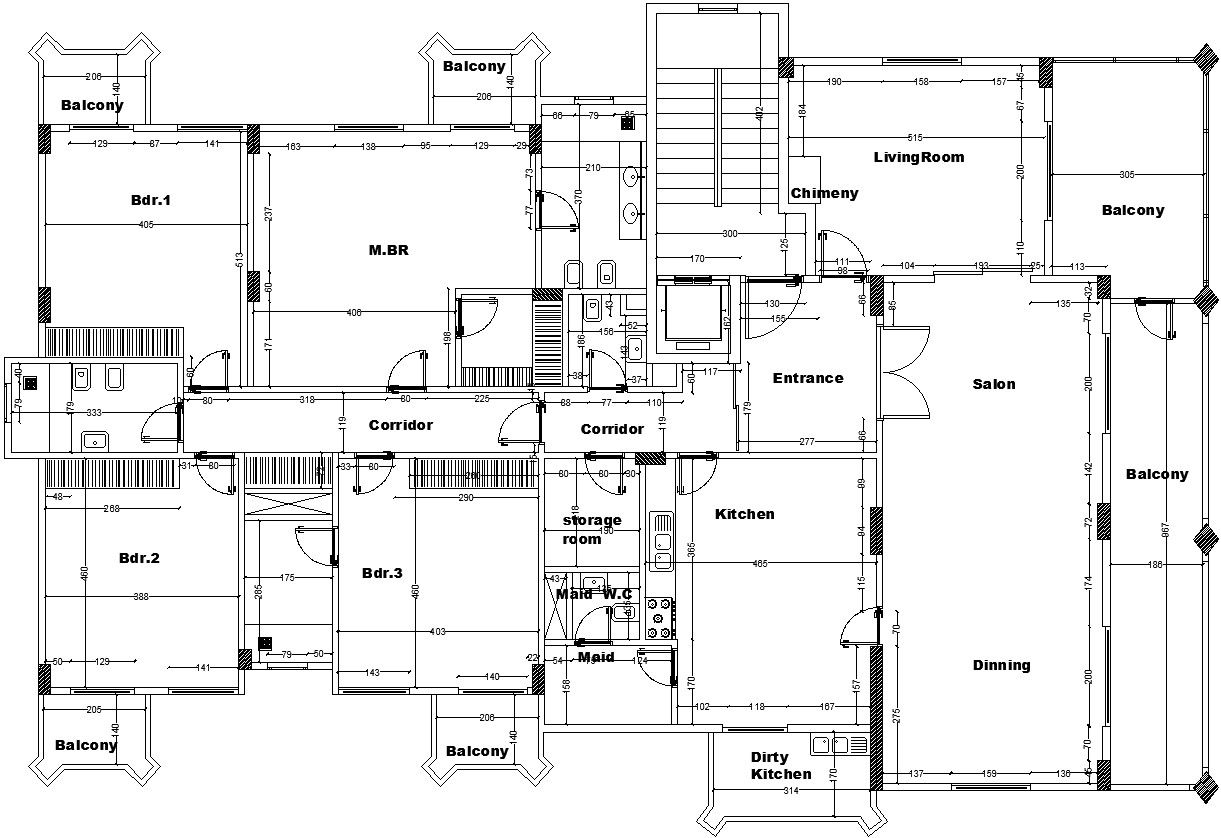 Apartment layout with detail dimensioning in AutoCAD, Dwg file.