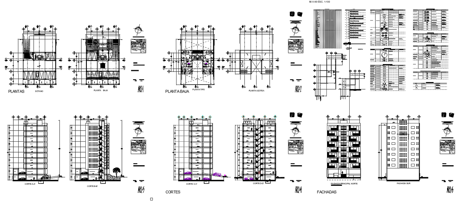 Apartments building design concrete structure layout plan and section dwg file