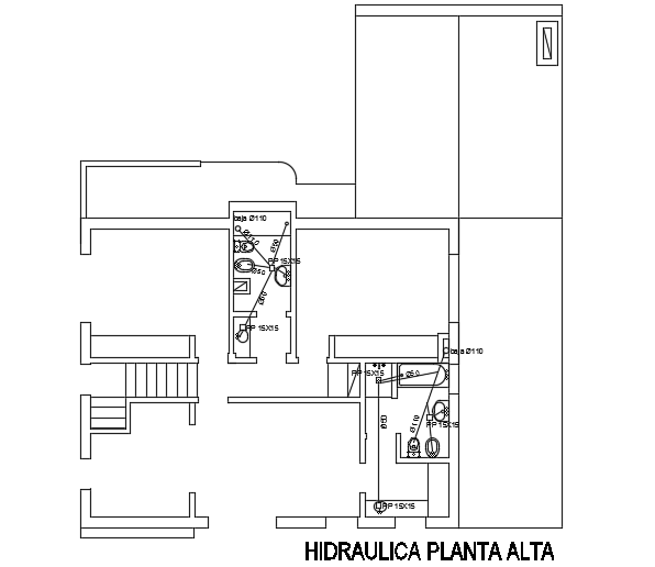 A plumbing layout of the 15x14m modern first floor house plan