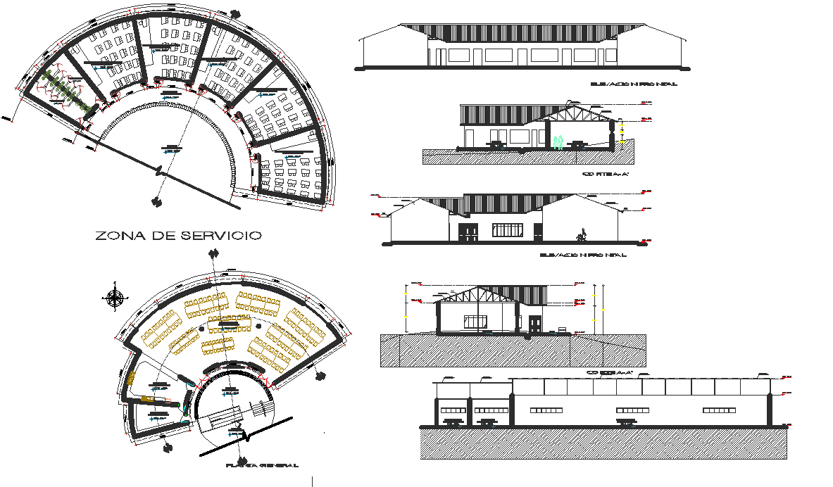 Arc shape building plan, elevation and section detail dwg file