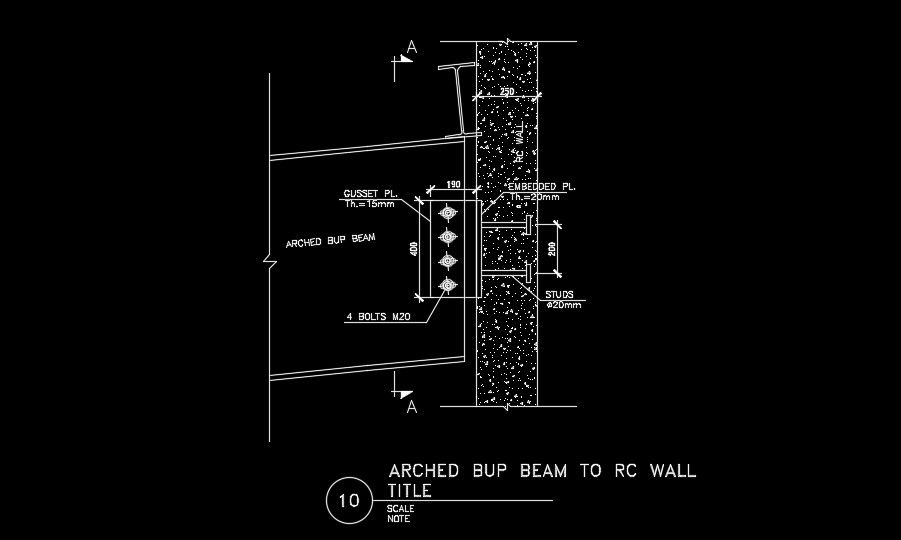Arched bup beam to RC wall detail drawing