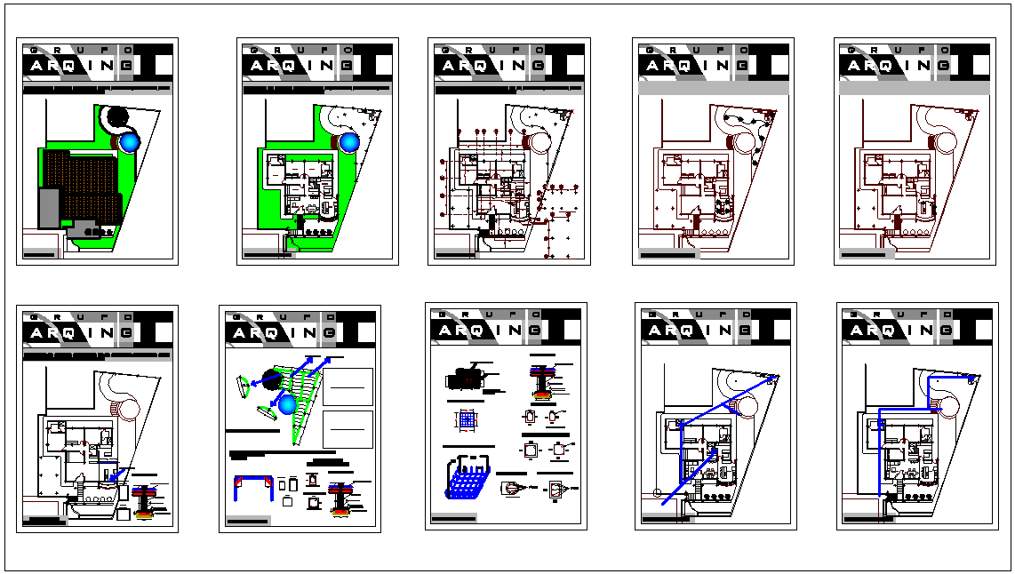 Architect plan view of house with distribution plan and view of structural detail dwg file 
