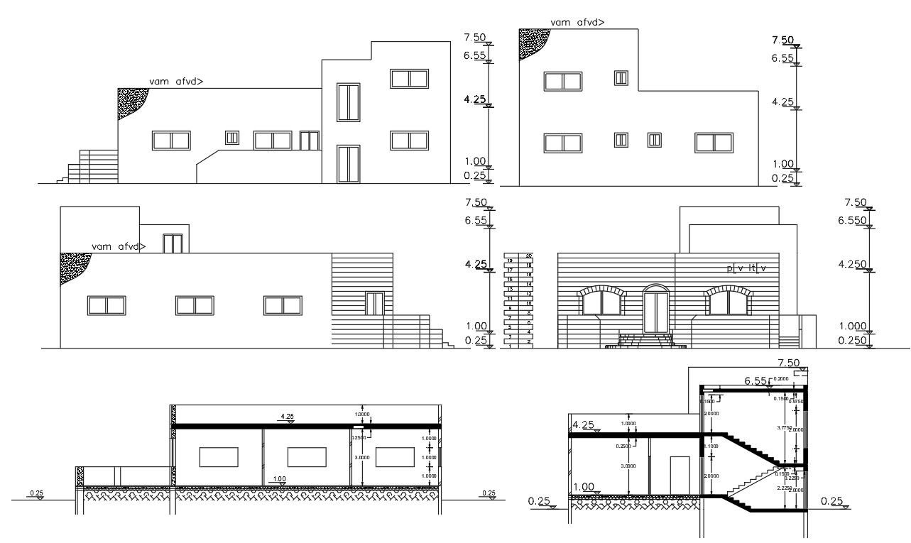 Architectural Bungalow Elevations And Sections AutoCAD File