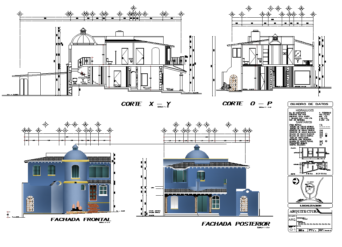 Architectural Bungalow building elevation and section layout autocad file