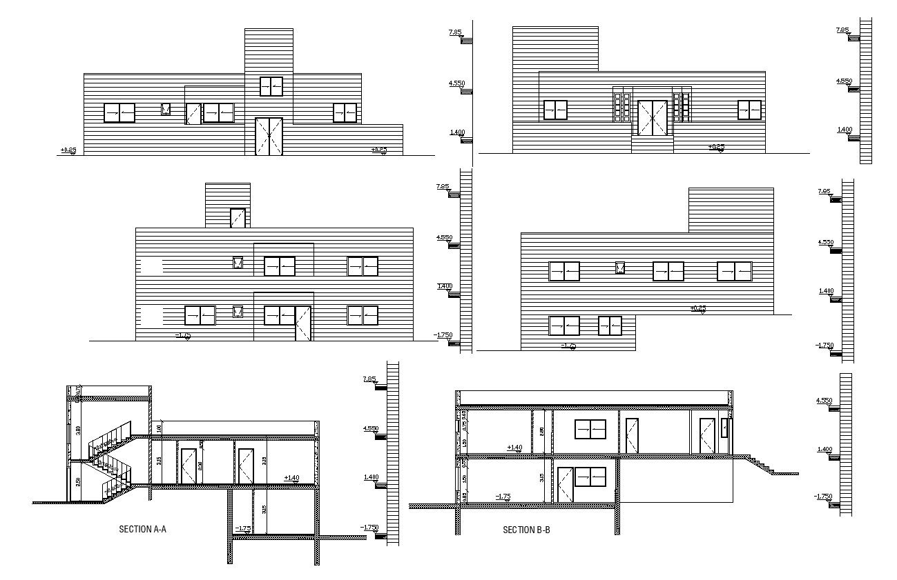 Architectural Drawing Of Two Floors House Elevations Sections