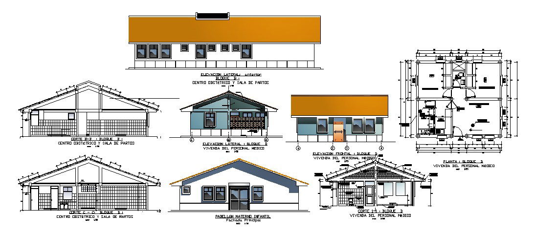Architectural Drawing of Clinic with different section view in dwg file