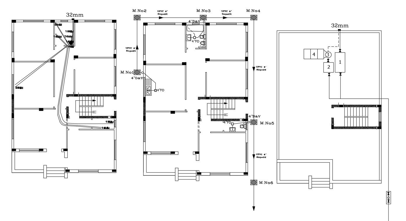 Architectural House Plumbing Design With Terrace Floor DWG File
