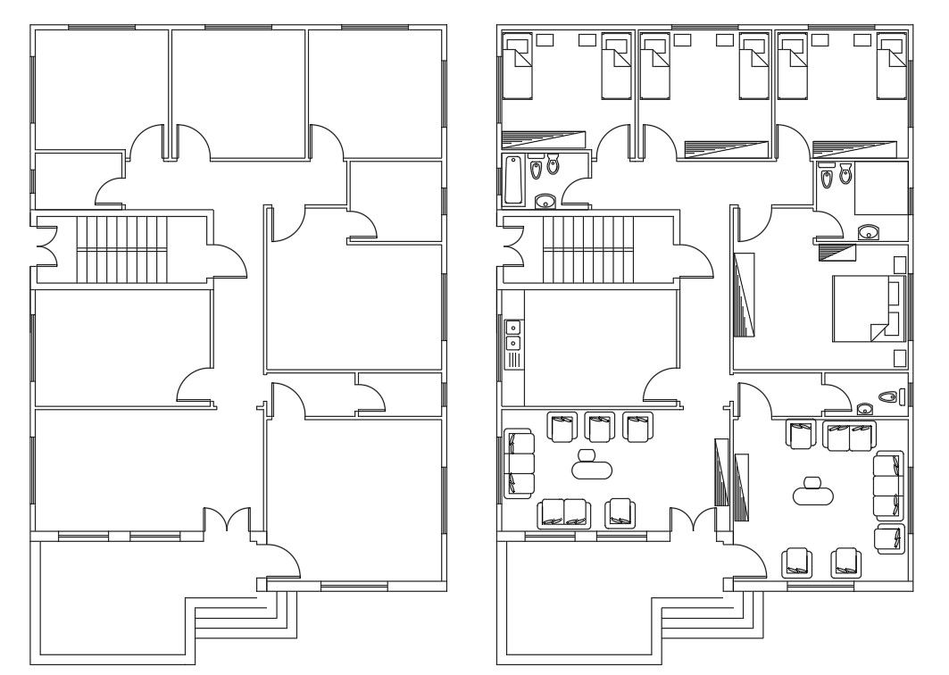 Architectural Plan Of Hostel Building Design With Furniture