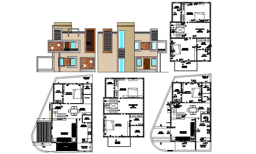 Architectural Plan of house design with elevation details in dwg file