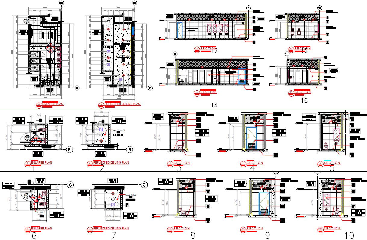 Architectural Toilet plans and Section Drawing