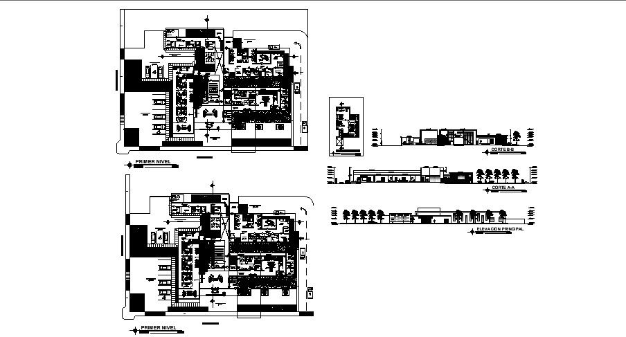 Architectural design of hospital with section and elevation details in dwg file