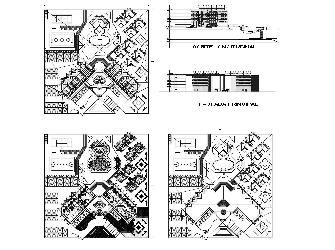 Architectural design of hotel 100mtr x 100mtr with elevation in dwg file