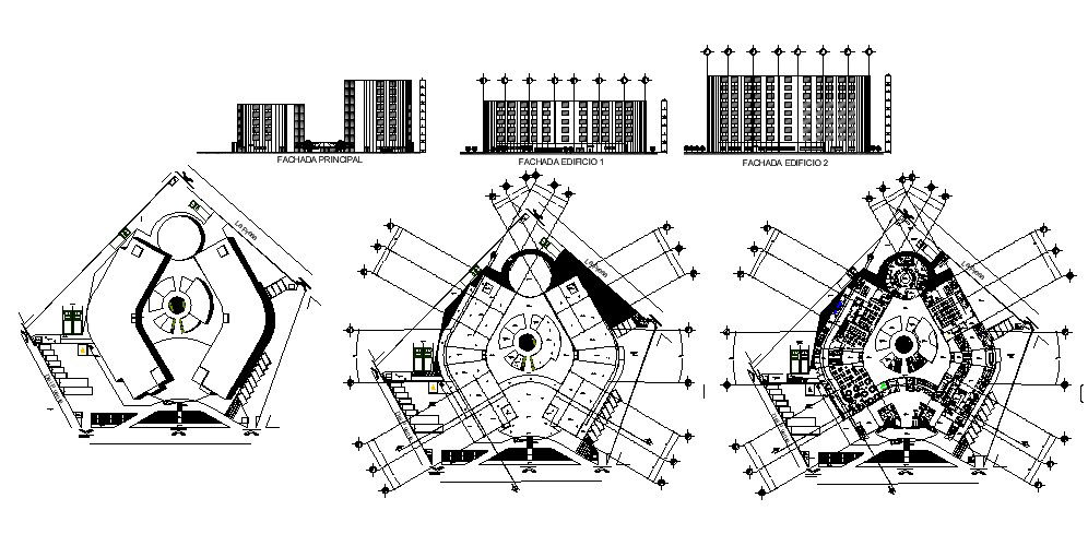 Architectural design of multistorey hotel building with detail dimension in dwg file