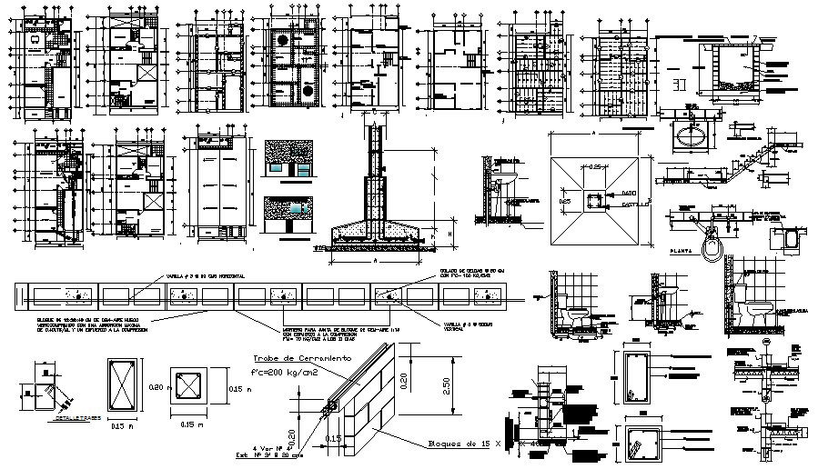 Architectural design of the house with foundation details in dwg file