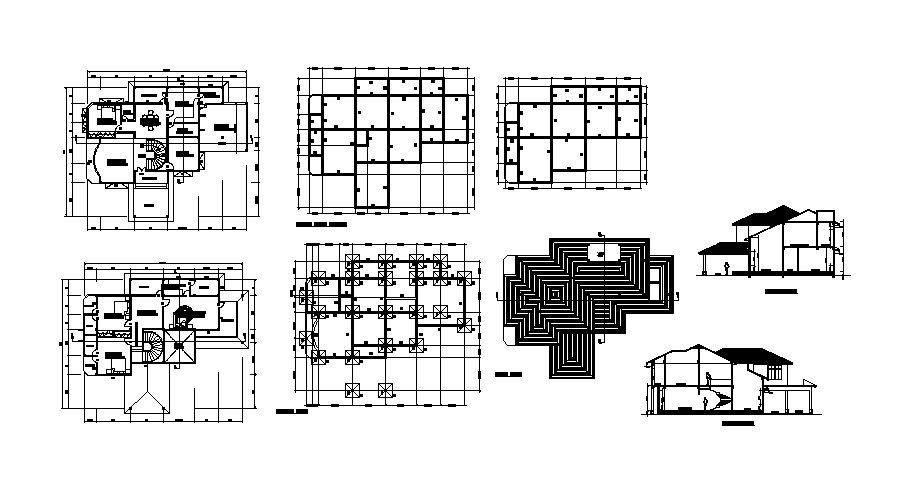 Architectural drawing of residential house 66'4'' x 54' with section and elevation in AutoCAD