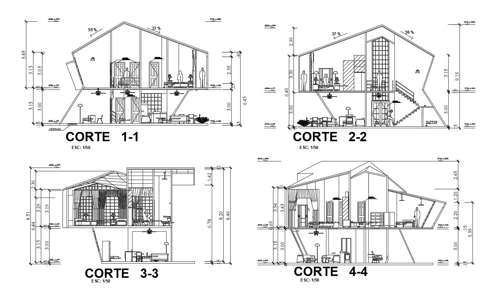 Architectural drawing of the bungalow design with the different section in dwg file