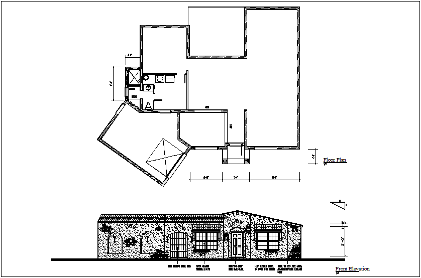 Architectural floor plan and elevation view of house dwg file