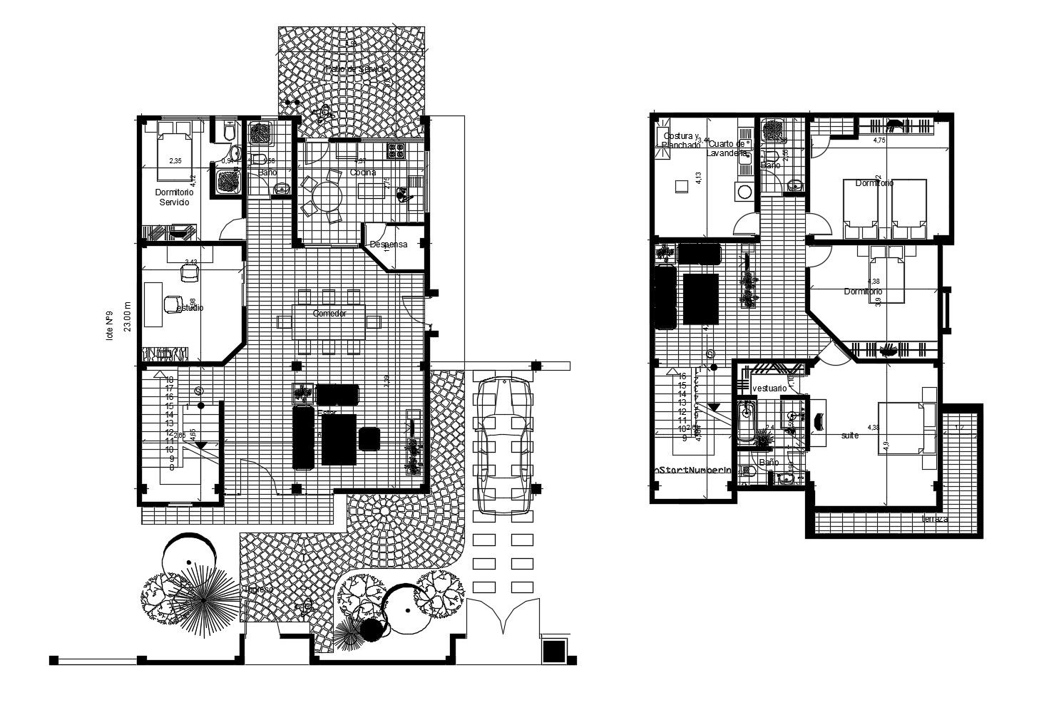 Architectural plan of 2 storey house 15.0mtr x 23.0mtr with detail dimension in dwg file