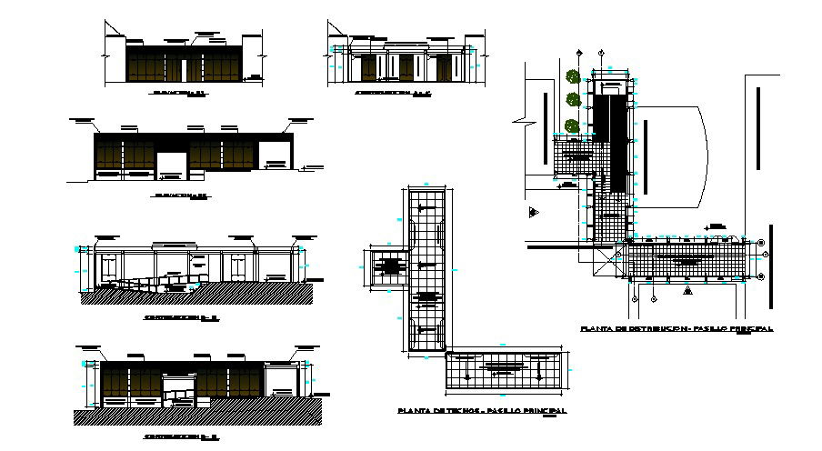 Architectural plan of building with different elevation in dwg file
