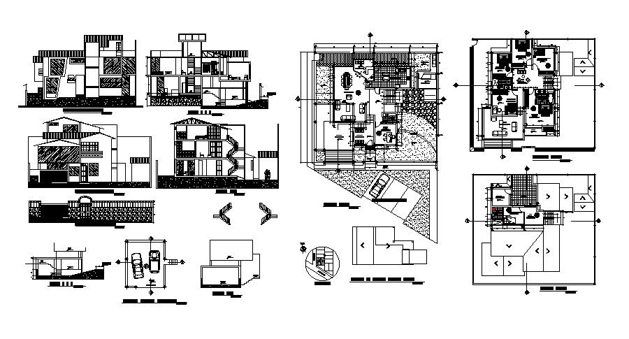Architectural plan of bungalow 20.00mtr x 18.00mtr with section and elevation in dwg file