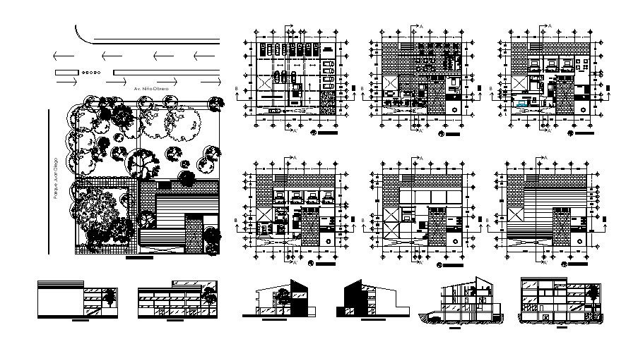 Architectural plan of hotel building with different section and elevation in AutoCAD