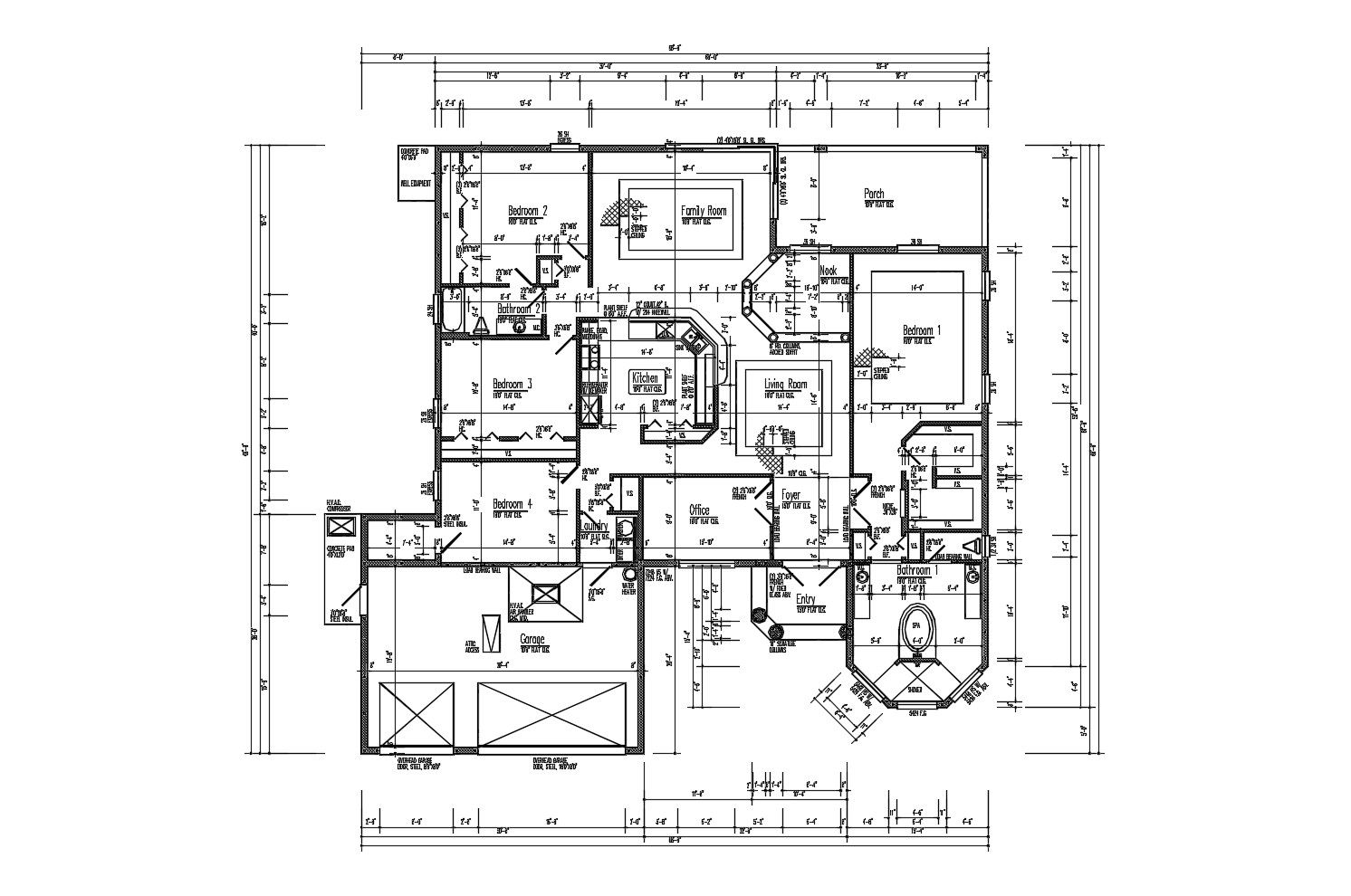Architectural plan of house 68'0'' x 66'0'' with detail dimension in AutoCAD