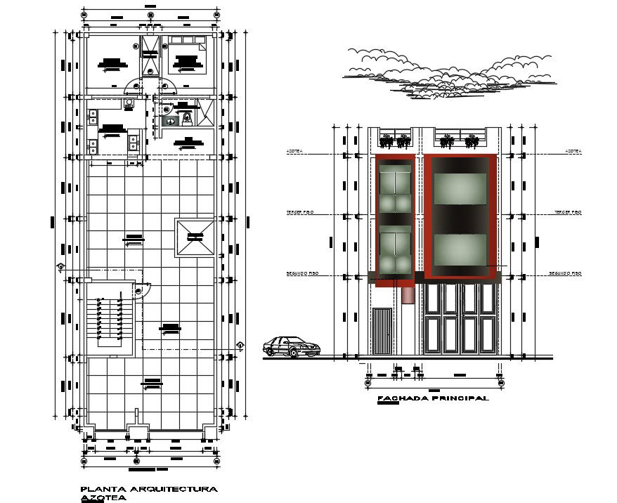 Architectural plan of house with detail dimension in dwg file