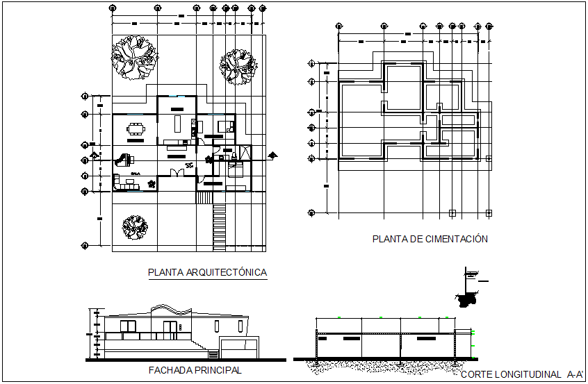 Architectural plan of house with section and elevation view dwg file