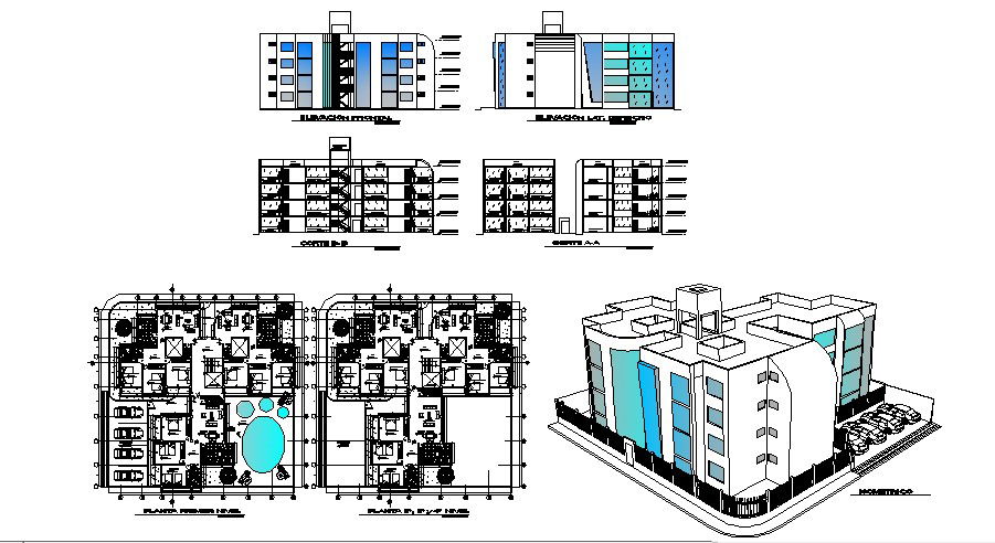 Architectural plan of multistorey residential building 30.00mtr x 30.00mtr with section and elevation in dwg file