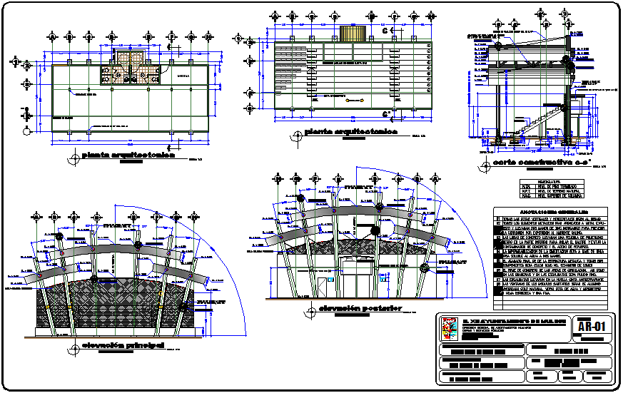 Architectural plan of stadium with construction detail dwg file