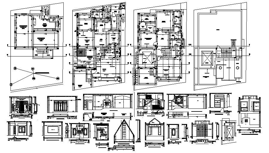 Architectural plan of the bungalow with detail dimensions in dwg file