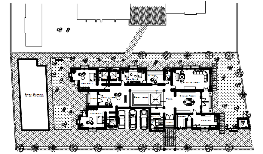 Architectural plan of the bungalow with interior design in dwg file