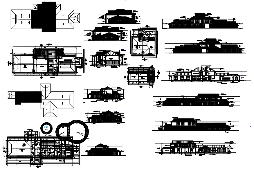 Architectural plan of the clubhouse with elevation and section in dwg file