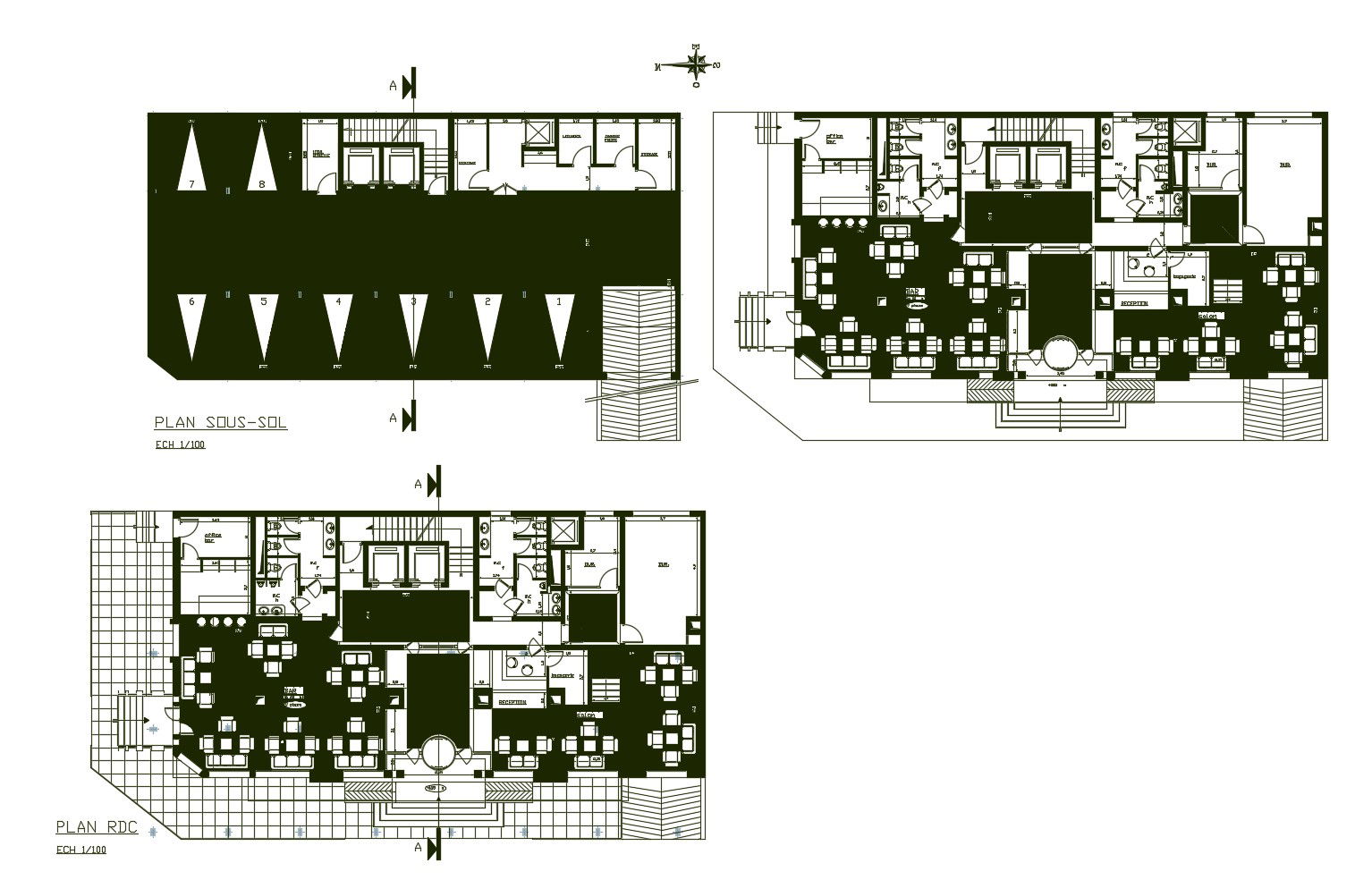Architectural plan of the hotel building with detail dimension in AutoCAD